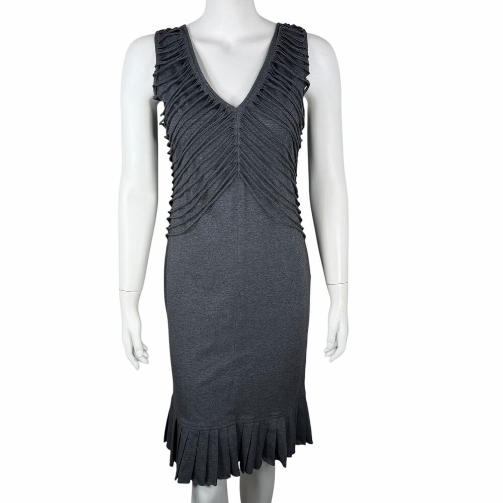 Knit Dress Sz 4 Knee Length Slashed Ribcage Skeleton Sliced Ladder Pleated Grey